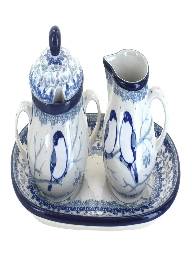 Blue Rose Pottery Blue Rose Polish Pottery - Bluebird Small Cream & Sugar Set With Tray - 6 oz Capacity - Hand-Painted Polish Pottery Ceramic Creamer & Sugar Bowl with Lid - Image 1