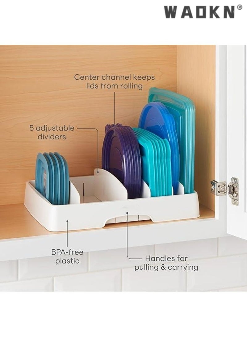 WAOKN Food Container Lid Organizer , suitable for Kitchen Cabinet Storage with 5 Adjustable Dividers , Plate knife fork sorting and storage box , Adjustable storage gap , 33.5*27.5*6cm , Large Classic Edition , White . - Image 3