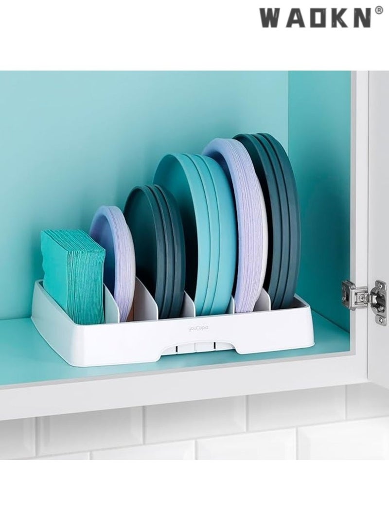 WAOKN Food Container Lid Organizer , suitable for Kitchen Cabinet Storage with 5 Adjustable Dividers , Plate knife fork sorting and storage box , Adjustable storage gap , 33.5*27.5*6cm , Large Classic Edition , White . - Image 2