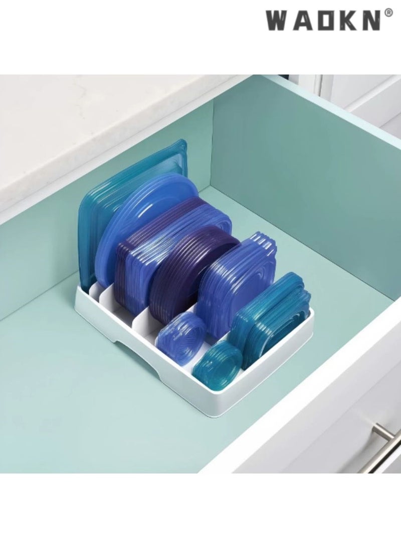 WAOKN Food Container Lid Organizer , suitable for Kitchen Cabinet Storage with 5 Adjustable Dividers , Plate knife fork sorting and storage box , Adjustable storage gap , 33.5*27.5*6cm , Large Classic Edition , White . - Image 5