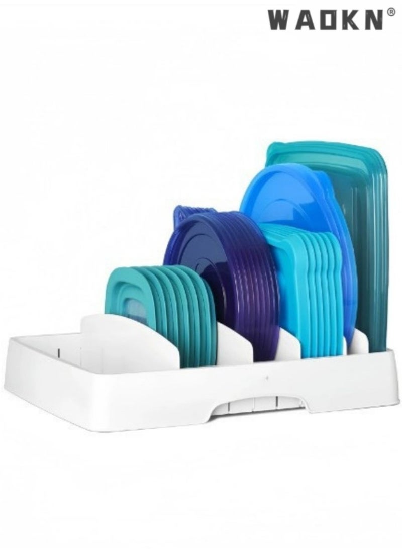 WAOKN Food Container Lid Organizer , suitable for Kitchen Cabinet Storage with 5 Adjustable Dividers , Plate knife fork sorting and storage box , Adjustable storage gap , 33.5*27.5*6cm , Large Classic Edition , White . - Image 1