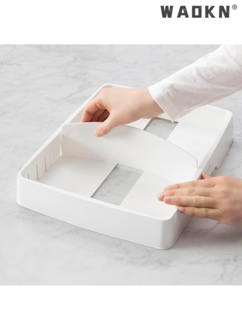 WAOKN Food Container Lid Organizer , suitable for Kitchen Cabinet Storage with 5 Adjustable Dividers , Plate knife fork sorting and storage box , Adjustable storage gap , 33.5*27.5*6cm , Large Classic Edition , White . - Image 4