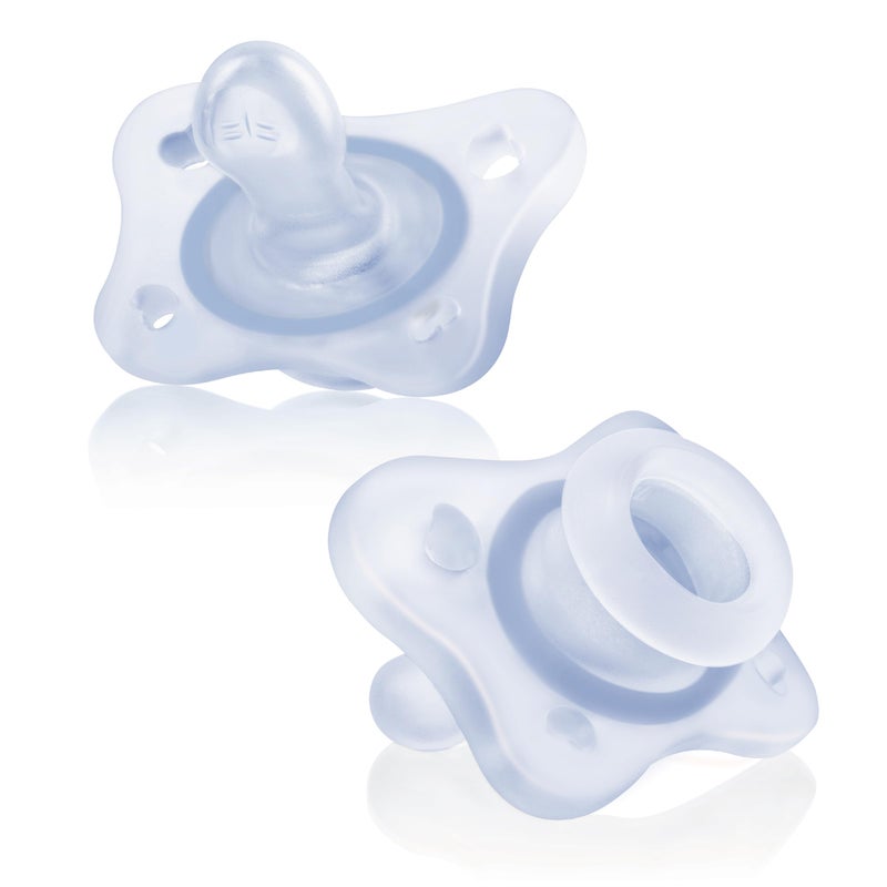 Chicco PhysioForma Mini Orthodontic Pacifier for Babies 0-2 Months, Ultra Light & Small, 100% Soft Silicone, Supports Breathing, One-Piece Design, Included Sterilizing Case, BPA Free, 2-Pack, Blue - Image 1