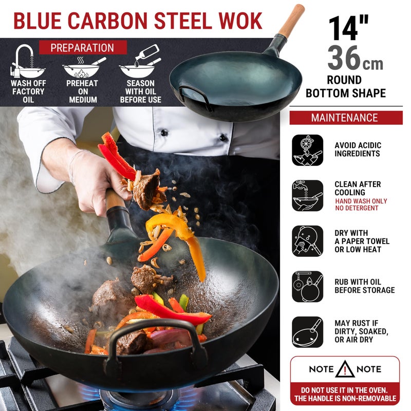 YOSUKATA 14â€ Round Bottom Carbon Steel Wok Pan â€“ Blue Pre-Seasoned Pow Wok for Stir Fry, BBQ & Camping â€“ Traditional Japanese & Chinese Cookware â€“ Compatible with Gas Stoves & Open Fire Only - Image 3