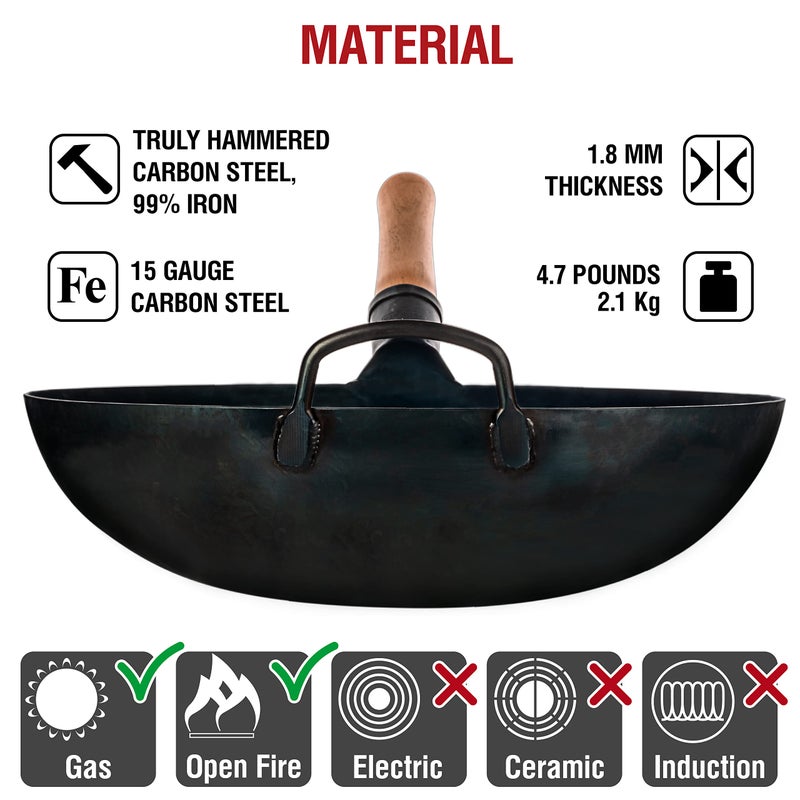 YOSUKATA 14â€ Round Bottom Carbon Steel Wok Pan â€“ Blue Pre-Seasoned Pow Wok for Stir Fry, BBQ & Camping â€“ Traditional Japanese & Chinese Cookware â€“ Compatible with Gas Stoves & Open Fire Only - Image 5