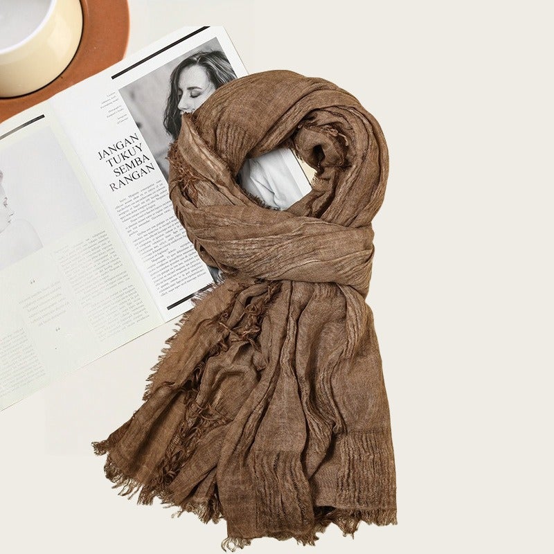 Noon Cross-Border Distressed Cotton-Linen Scarf - Vintage Washed Look, Solid Color Shawl for Spring/Autumn, Versatile Casual Hip-Hop Style