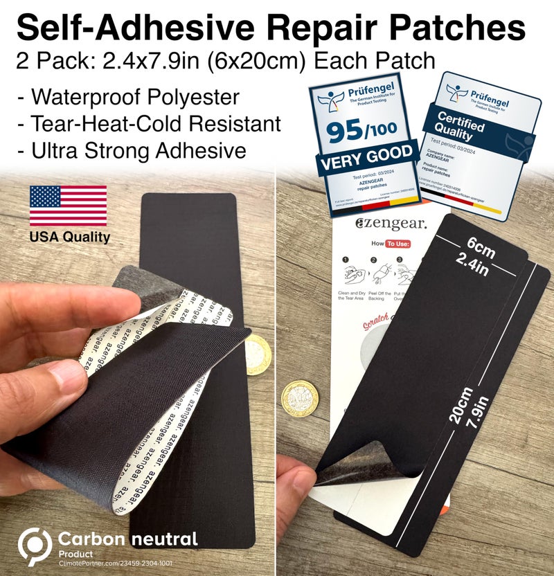 aZengear Jacket Repair Patches (2 Pack) - Self-Adhesive, Waterproof, Tear-Cold-Heat-Resistant Polyester to Fix Rips in Tents, Down Jackets, Puffers, Snowsuit, Shoe, Upholstery (Black) - Image 2