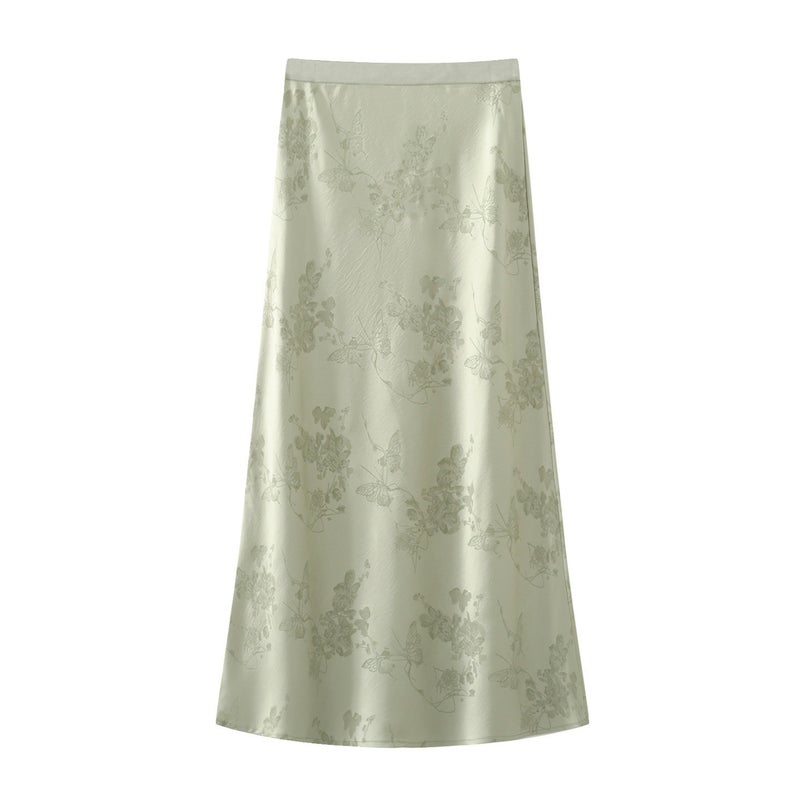 Women's New Chinese Style Satin Jacquard A-Line Midi Skirt with Elastic Waist - Image 1