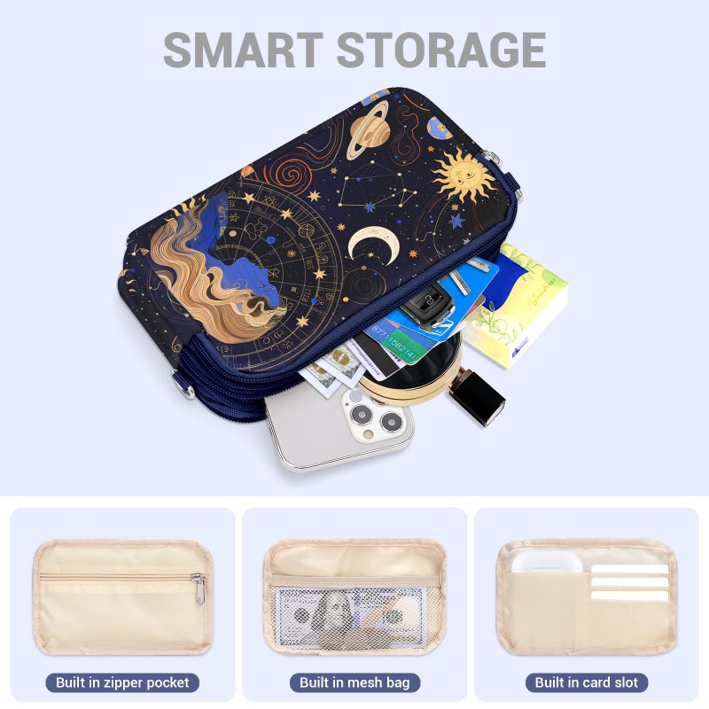 YINHEXI Small Crossbody Bag for Women Small Shoulder Handbags Nylon Quilted 3 Zippers Cell Phone Wallet Bag Purse for Women (Dark Blue Universe) - Image 3