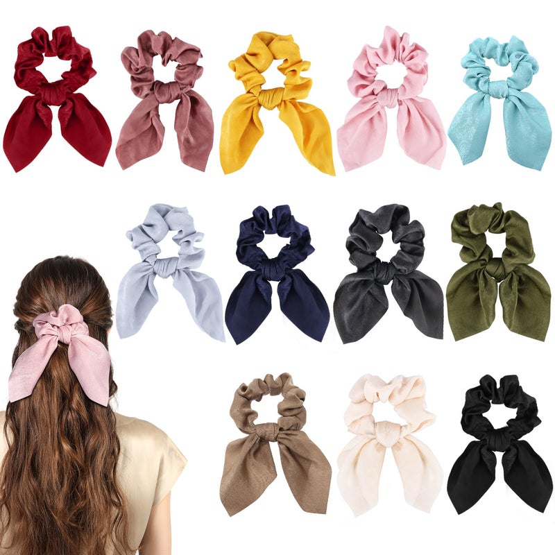 12pcs Bow Bunny Ear Hair Scrunchies Silk Satin Scrunchy Hair Ties Large Intestine Circle Bowknot Streamer Hair Loops Ponytail Holder Rubber Bands with Tail Ribbon Womens Headdress12Colors