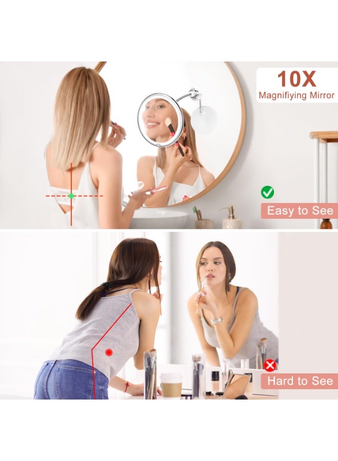 مرآة مكياج مضيئة، مرآة مكياج بتكبير 10 أضعاف مع أكواب شفط، 3 ألوان إضاءة مطورة مع إمكانية التعتيم، مرآة مرنة تدور 360 درجة، مرآة زينة مكبرة للسفر مناسبة للحمام والحلاقة - Image 2