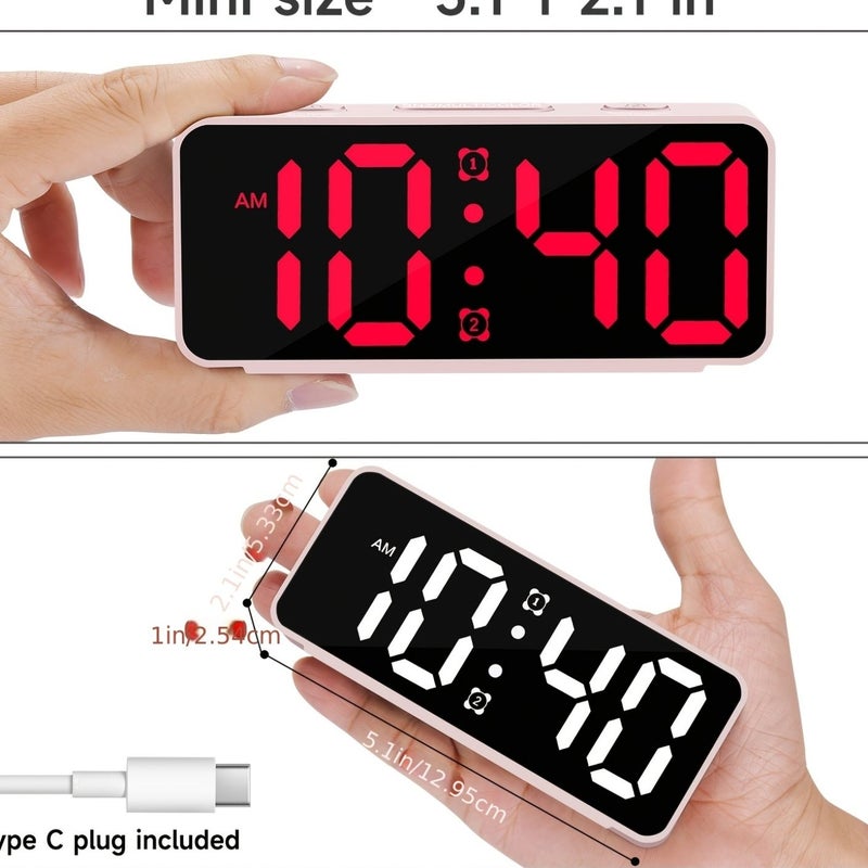 Pink Colorful Alarm Clock With Large Screen Loud Alarm Snooze USB Battery Dual Power - Image 2
