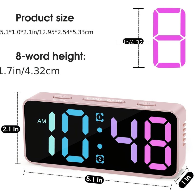 Pink Colorful Alarm Clock With Large Screen Loud Alarm Snooze USB Battery Dual Power - Image 4