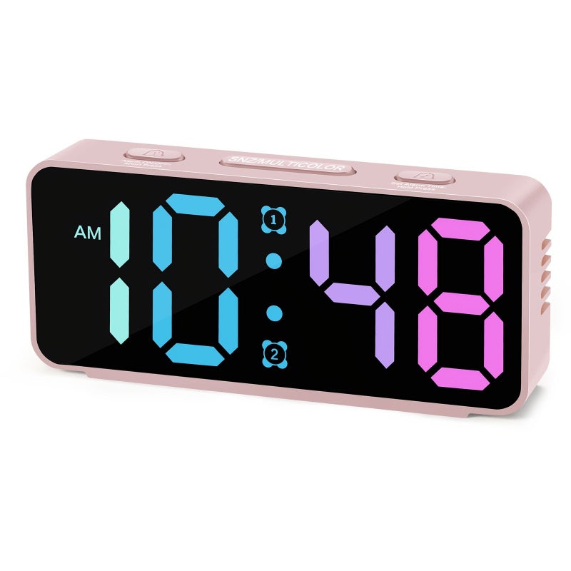 Pink Colorful Alarm Clock With Large Screen Loud Alarm Snooze USB Battery Dual Power - Image 1