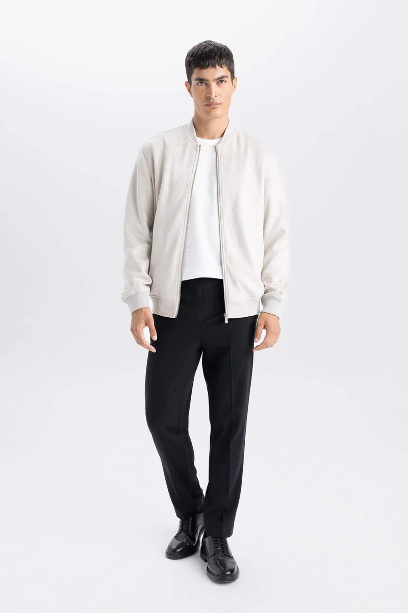 DeFacto Slim Fit College Collar Zippered Suede Bomber Jacket