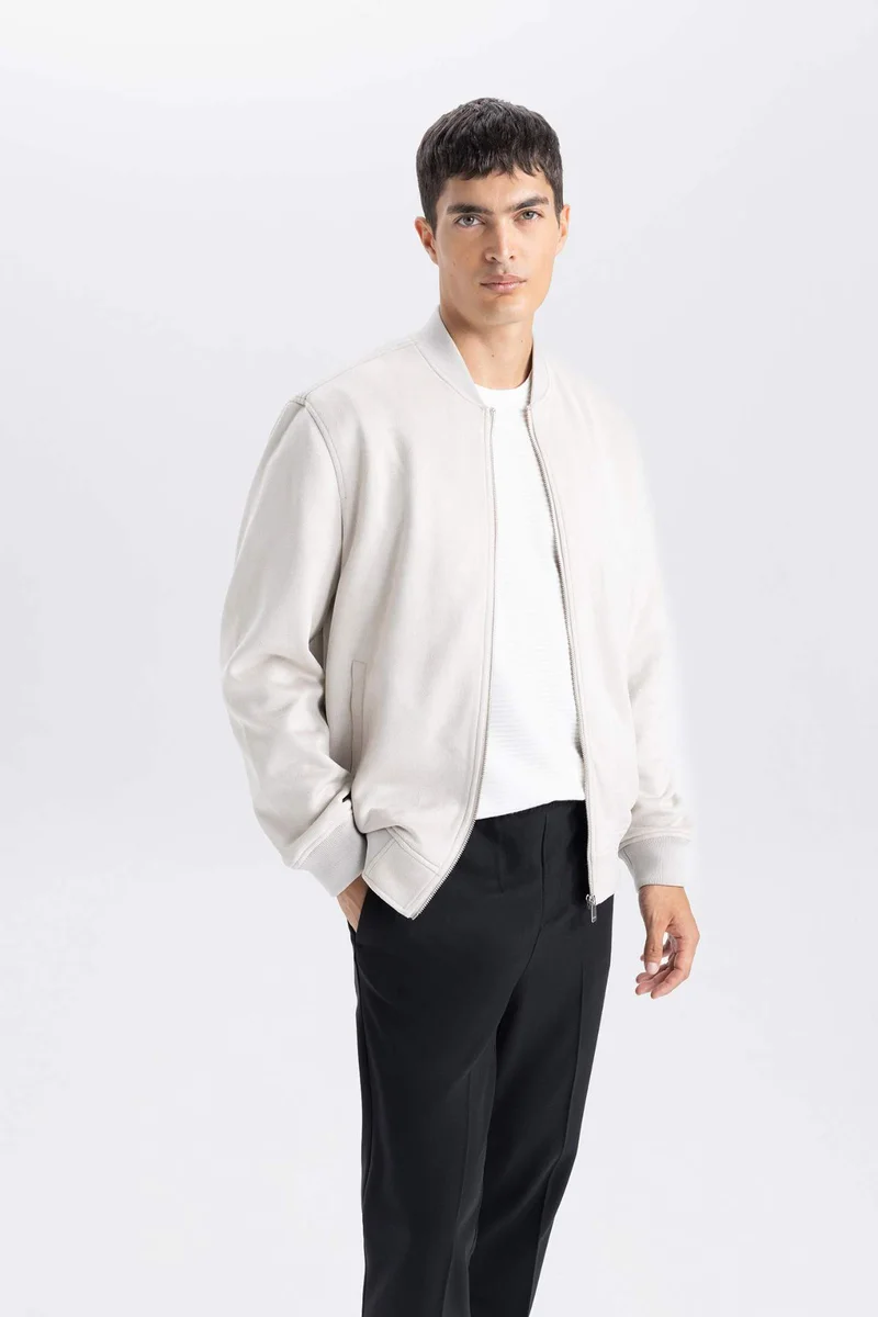 DeFacto Slim Fit College Collar Zippered Suede Bomber Jacket