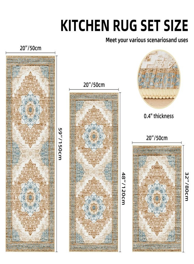 Tritard مجموعة سجاد مطبخ تريتارد مانعة للانزلاق بنسبة 100%، 3 قطع، قابلة للغسل، بتصميم بوهيمي أنيق، مناسبة للأرضيات، سجادة مطبخ ريفية عتيقة، سجادة ناعمة للممرات، غرفة الغسيل، المدخل الداخلي، لون بيج - Image 5
