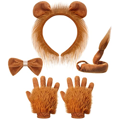 Haysandy 5 Pcs Lion Costume Set Lion Ears Headband Paw Gloves Bow Tie and Tail Halloween Cosplay Party Accessories for Kids Animal Themed Costume Dress up - Image 1