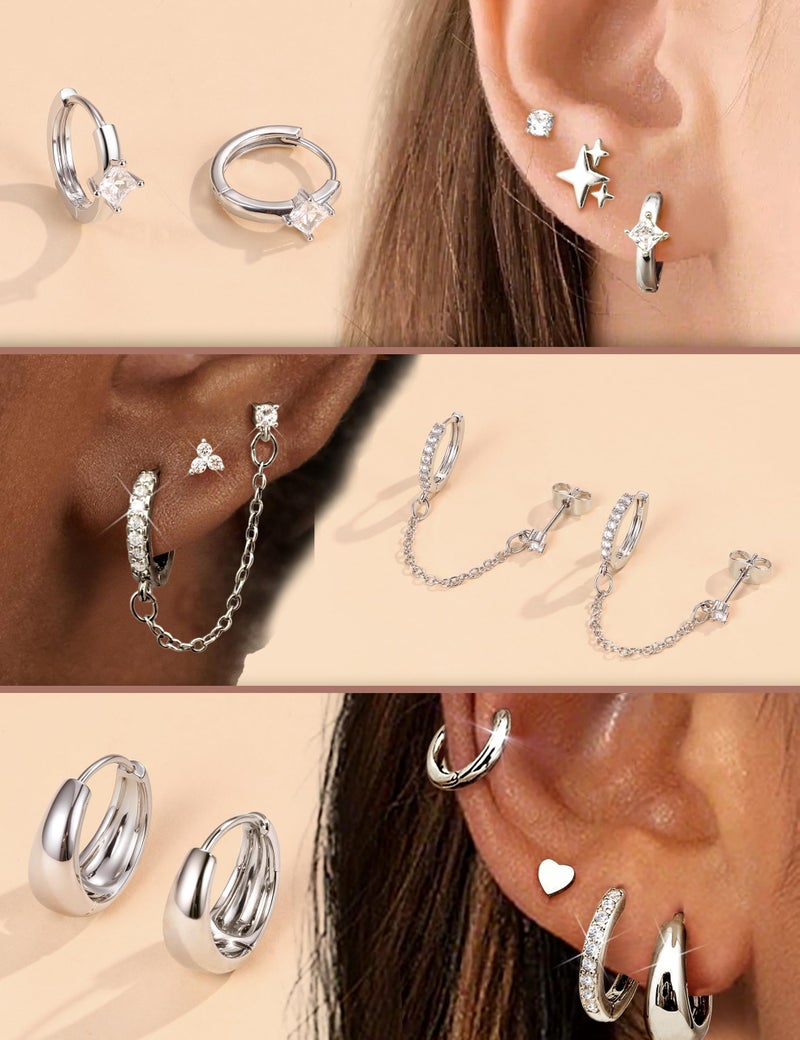Florideco Silver Plated Flat Back Earrings Hypoallergenic Surgical Steel Earrings for Women Trendy Cartilage Chain Hoop Earring Studs Star Heart CZ Flatback Stud Earring Pack - Image 2