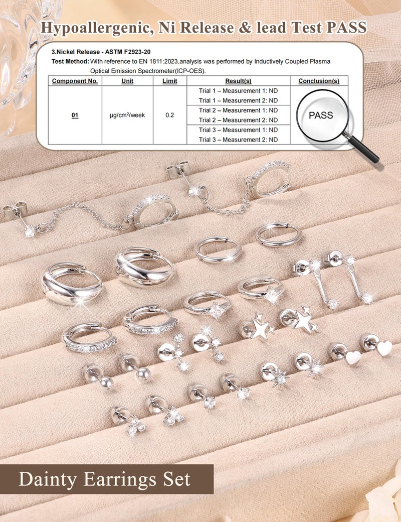 Florideco Silver Plated Flat Back Earrings Hypoallergenic Surgical Steel Earrings for Women Trendy Cartilage Chain Hoop Earring Studs Star Heart CZ Flatback Stud Earring Pack - Image 5