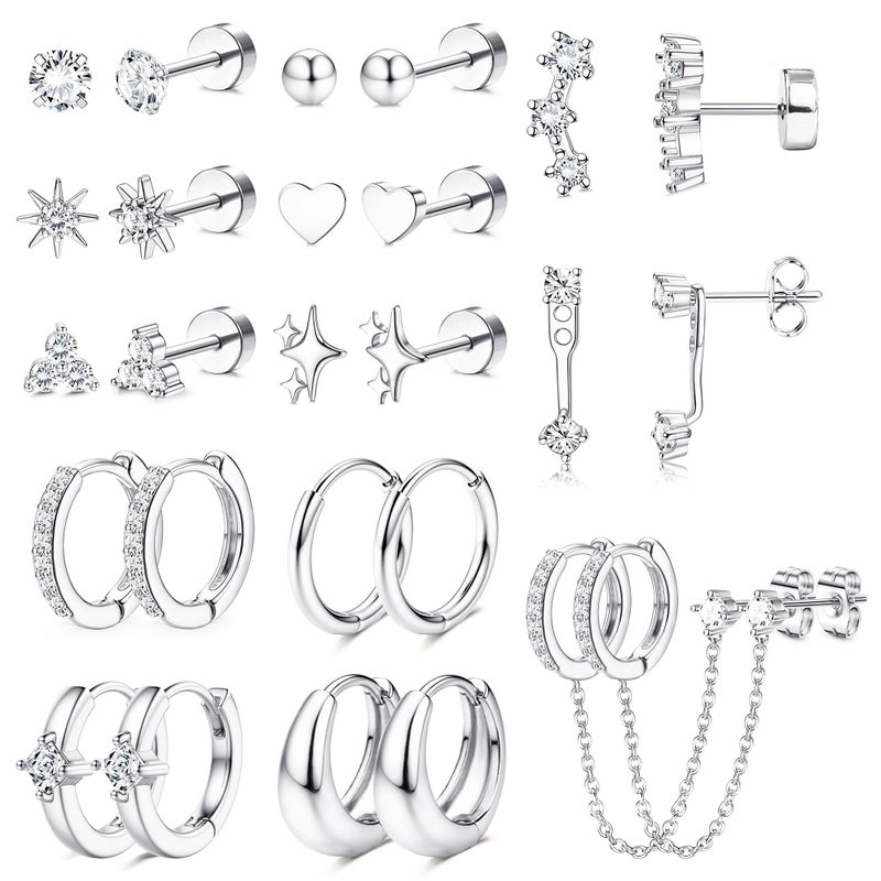 Florideco Silver Plated Flat Back Earrings Hypoallergenic Surgical Steel Earrings for Women Trendy Cartilage Chain Hoop Earring Studs Star Heart CZ Flatback Stud Earring Pack - Image 1