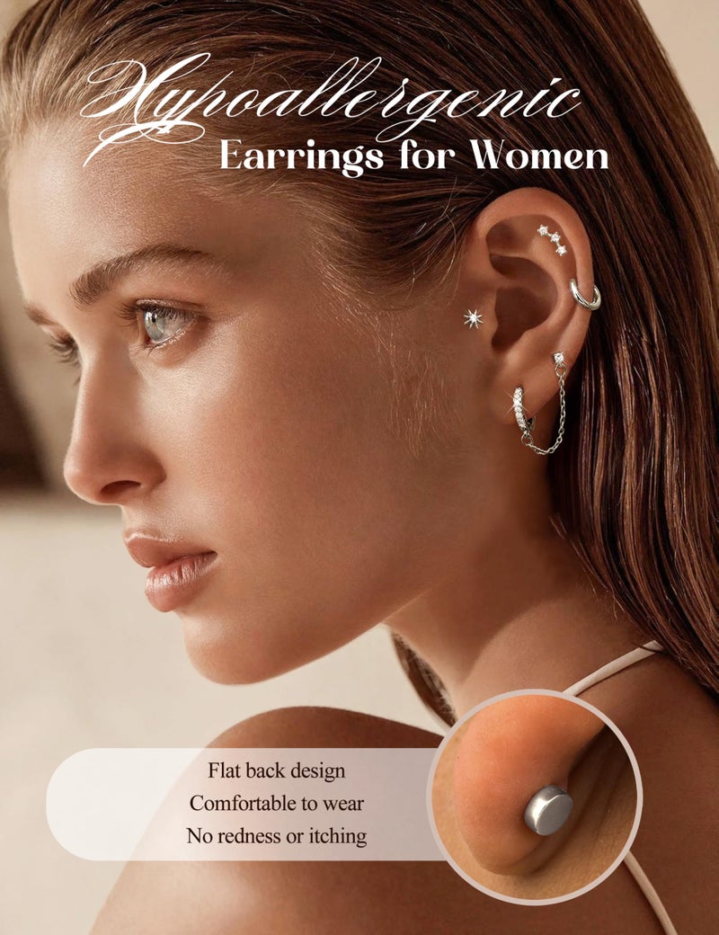 Florideco Silver Plated Flat Back Earrings Hypoallergenic Surgical Steel Earrings for Women Trendy Cartilage Chain Hoop Earring Studs Star Heart CZ Flatback Stud Earring Pack - Image 4