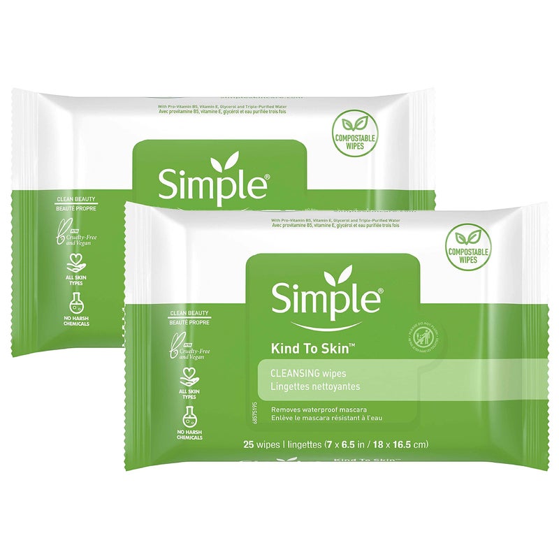 Simple Kind to Skin Facial Wipes Gentle and Effective Makeup Remover Cleansing Free from color and dye artificial perfume and harsh chemicals, 25 Count (Pack of 2) - Image 1