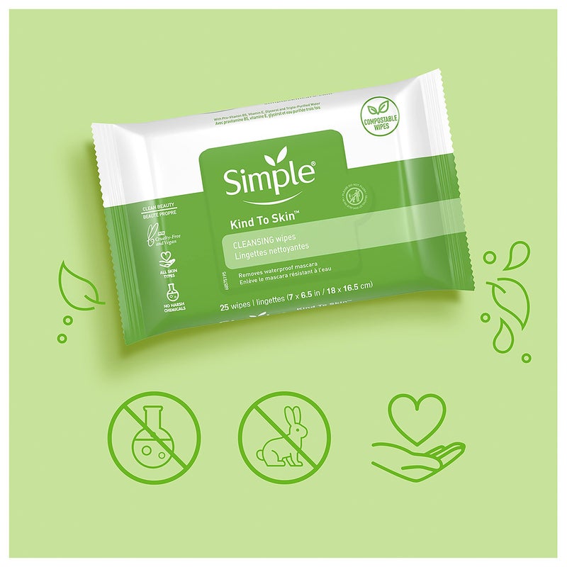Simple Kind to Skin Facial Wipes Gentle and Effective Makeup Remover Cleansing Free from color and dye artificial perfume and harsh chemicals, 25 Count (Pack of 2) - Image 2