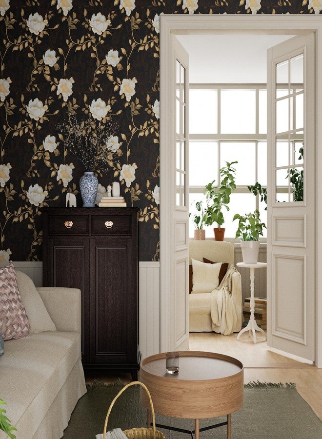 Laatse Black Golden Floral Peel and Stick Wallpaper Flowers Contact Paper 17.5"x393" Self Adhesive Waterproof Vintage Dark Floral Wall Paper for Shelf Liner Cabinet Decor - Image 4