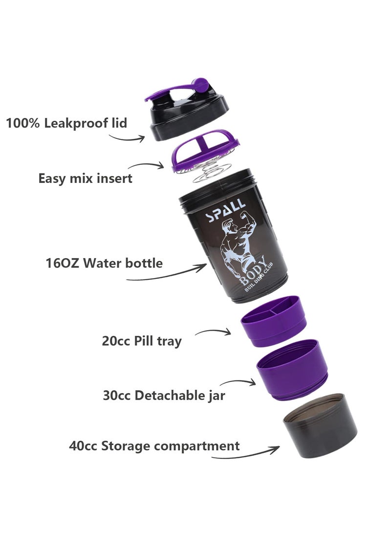 Spall - Protein Shaker Bottle Gym Shaker Cuo For Protein Shakes 16oz Shake Bottle With Shaker With Shaker Ball And Storage Compartment Leak Proof BPA Free - Image 1