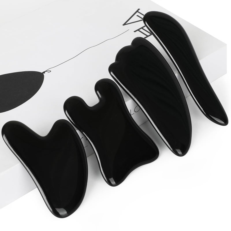 airogym Guasha Massage Tool Natural Gua Sha Board 4PCS Guasha Stone Scraping Massage Sets for SPA Acupuncture Physical Therapy Muscle Knots Facial Caring Point Treatment Black