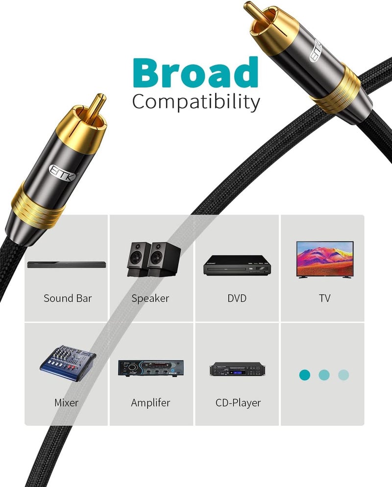EMK Subwoofer Cable, Digital Coaxial Audio Cable [24K Gold-Plated, Durable Cotton] Premium S/PDIF RCA Male to RCA Male for Home Theater, Soundbar,Speaker,HDTV, Subwoofer, Hi-Fi Systems (Black-6.6ft/2m) - Image 4