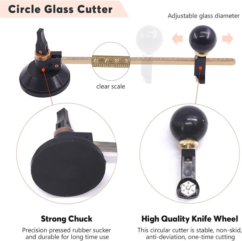 Tanstic 5Pcs 40cm/16inch Adjustable Circular Glass Cutter with Round Knob Handle and Suction Cup with Glass Running Plier and Glass Cutter for Glass Cutting - Image 4