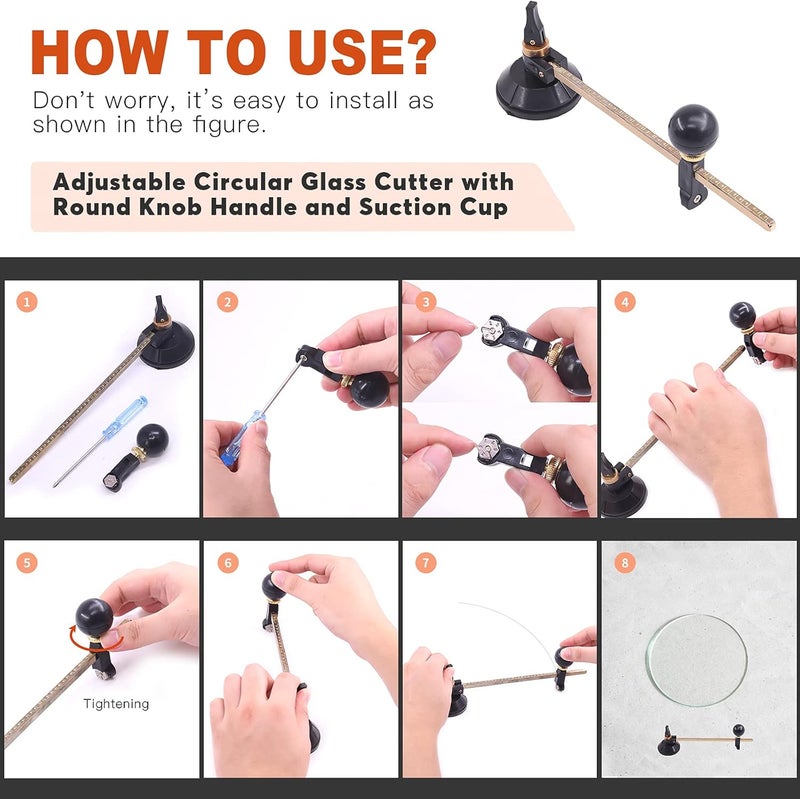Tanstic 5Pcs 40cm/16inch Adjustable Circular Glass Cutter with Round Knob Handle and Suction Cup with Glass Running Plier and Glass Cutter for Glass Cutting - Image 5