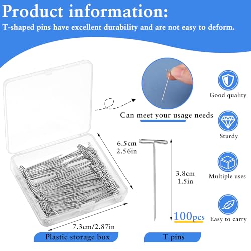QMNNMA T Pins, 100 Pack 1.5 inch T Shape Sewing Pins for Blocking Knitting, Wig Pins for Mannequin Head, Foam Head, Sewing, Crocheting and Modelling with Clear Box - Image 2