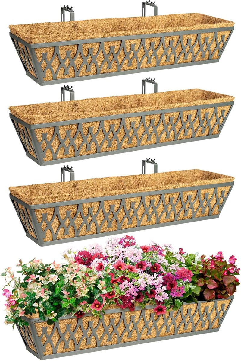 Karlliu 4 Pack 30 Inch Window Boxes Planters Railing Planter Box with Adjustable Brackets for Porch Fence Patio Balcony Hanging Flower Baskets with Coco Liners for Outdoor Garden Decor - Grey - Image 1