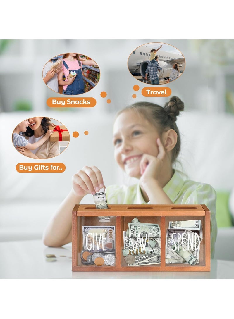 Spend Save Give Piggy Bank for Kids, Money Coin Savings Piggy Bank Jar Box for Kids Child Safe Money Saver, Teach Children About Giving u0026 Saving Money Piggy Box for Childrens Boys Girls(Brown) - Image 2