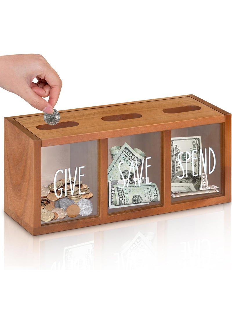 Spend Save Give Piggy Bank for Kids, Money Coin Savings Piggy Bank Jar Box for Kids Child Safe Money Saver, Teach Children About Giving u0026 Saving Money Piggy Box for Childrens Boys Girls(Brown) - Image 1