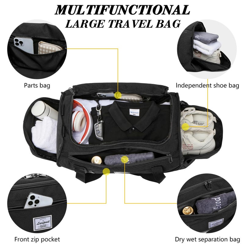 Laripwit Gym Bags for Men, 40L Medium Sports Travel Duffel Bag with Shoe Compartment & Wet Pocket Lightweight Gym Duffle Bag Backpack Multipurpose Weekender Overnight Backpack for Women, Black - Image 4