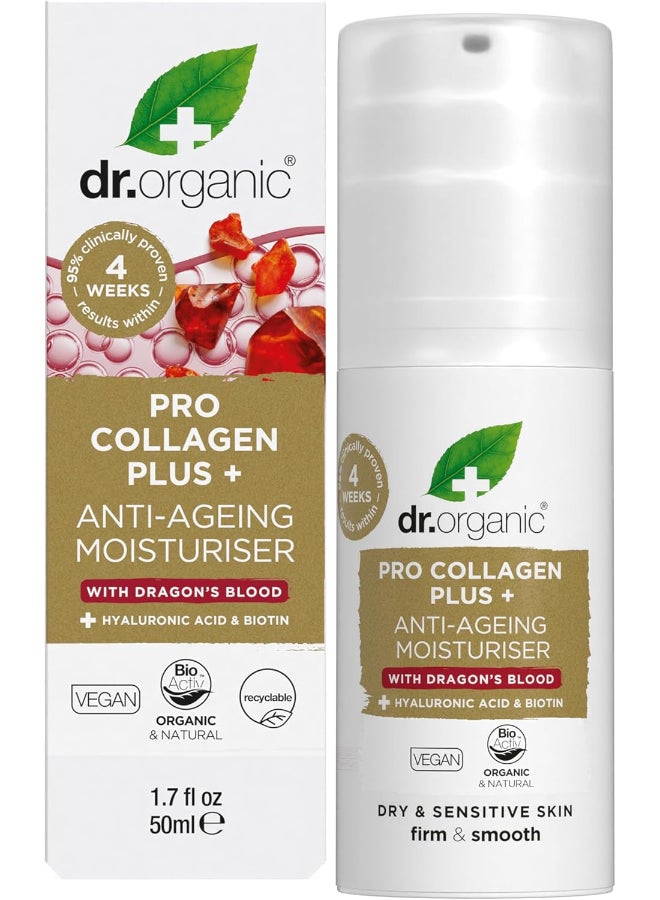 dr.organic Pro Collagen Plus Anti-Ageing Moisturiser Cream 50ml | Infused With Dragon's Blood, Hyaluronic Acid & Biotin | For Dry & Sensitive Skin, 1.69 fl oz - Image 1