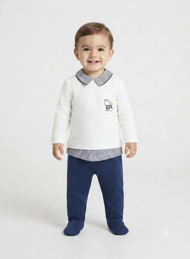Bumber Baby 2-Piece Set Long Sleeve Top and Footed Trousers, Navy/White - Image 1