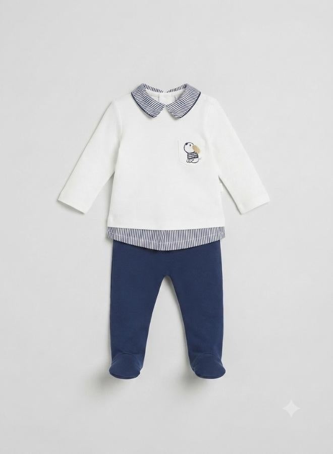 Bumber Baby 2-Piece Set Long Sleeve Top and Footed Trousers, Navy/White - Image 2