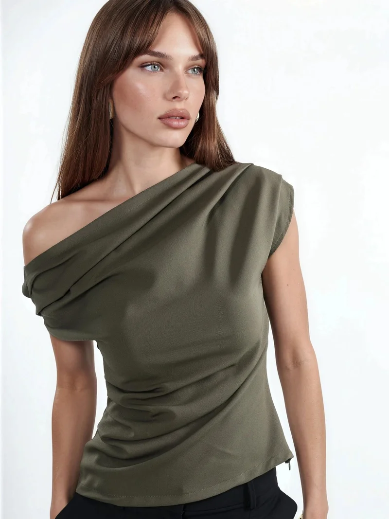 HICCUP One Shoulder Pleated Detail Top