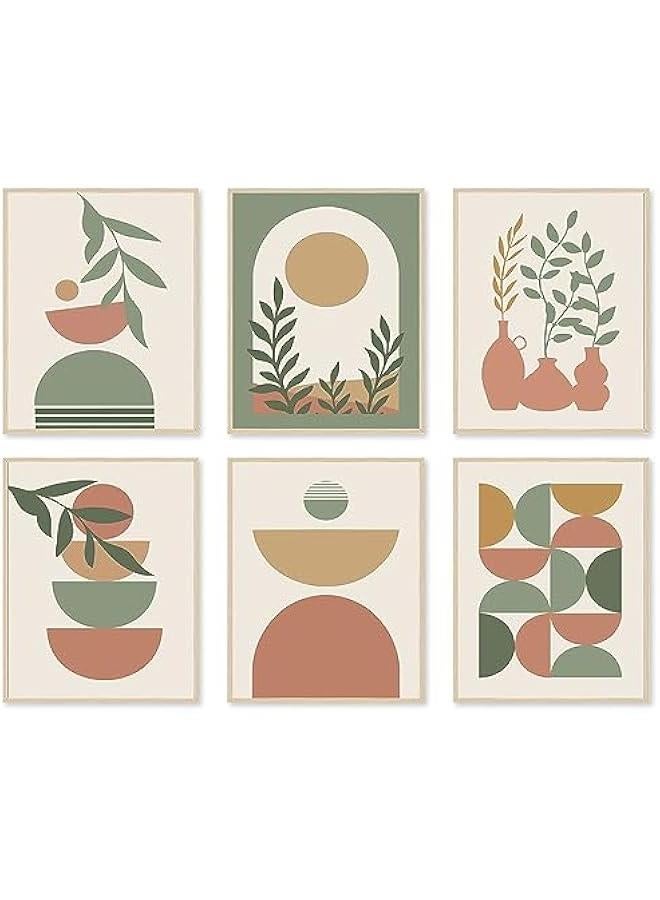 KBKBART Boho Wall Art Prints Set of 6, Mid-Century Modern Prints, Neutral Geometric Boho Wall Decor Sun Moon Palm Leaf Beige Green Canvas Artwork, Minimalist Boho Poster Paintings for Bedroom Living Room - Image 1