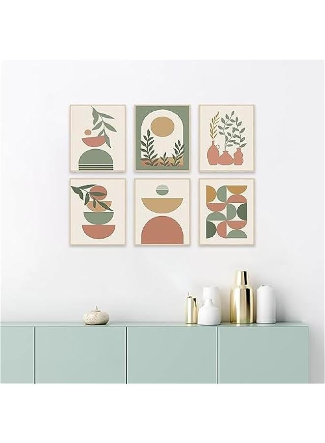 KBKBART Boho Wall Art Prints Set of 6, Mid-Century Modern Prints, Neutral Geometric Boho Wall Decor Sun Moon Palm Leaf Beige Green Canvas Artwork, Minimalist Boho Poster Paintings for Bedroom Living Room - Image 3