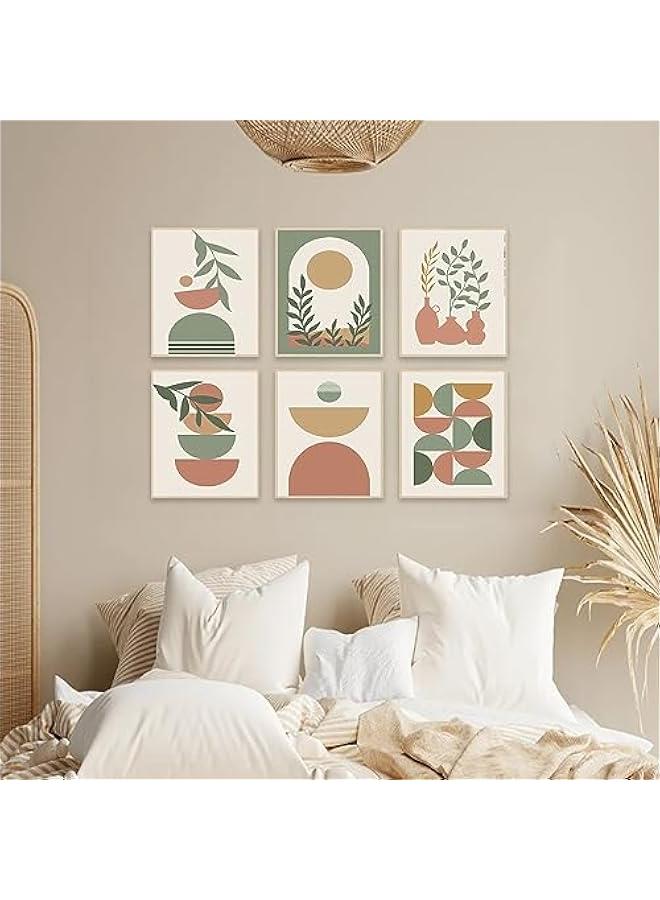 KBKBART Boho Wall Art Prints Set of 6, Mid-Century Modern Prints, Neutral Geometric Boho Wall Decor Sun Moon Palm Leaf Beige Green Canvas Artwork, Minimalist Boho Poster Paintings for Bedroom Living Room - Image 5