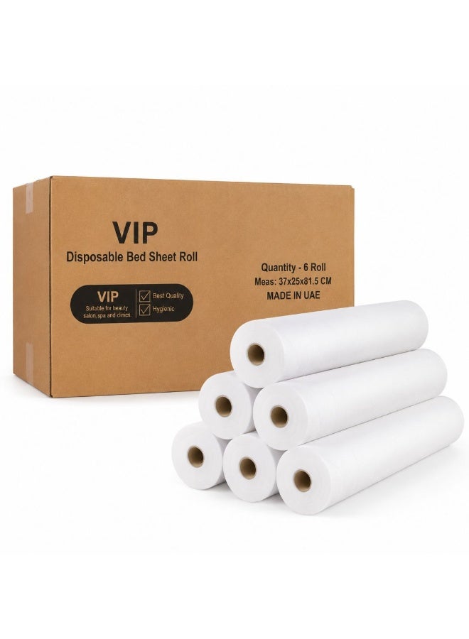 VIP Disposable Bed Sheet Roll Pack of 6 – White Non-Woven Massage Table Paper Roll, Hygienic Fitted Bed Cover for Spa, Salon, Clinic, Tattoo & Massage Table, 37x25x81.5cm, Made in UAE - Image 1