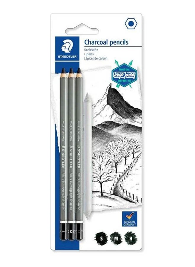 STAEDTLER - Mars Lumograph Journey Design Blister Pack Of 3 Pencils And 1 Blending Stump Grey - Image 1