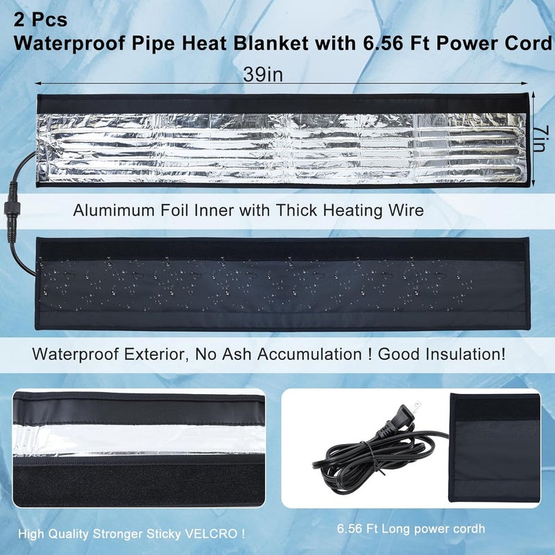 Mofuiry 2Pcs Water Pipe Heat Blanket, 39"x7" Stickable Water Pipes Heater Tape with 6.6Ft Cable Foil Pipe Warmer Water Line Insulation Wrap Pipe Freeze Protection for Outdoor Pipe RV Sewer Hose, Max140˚F，110V - Image 2