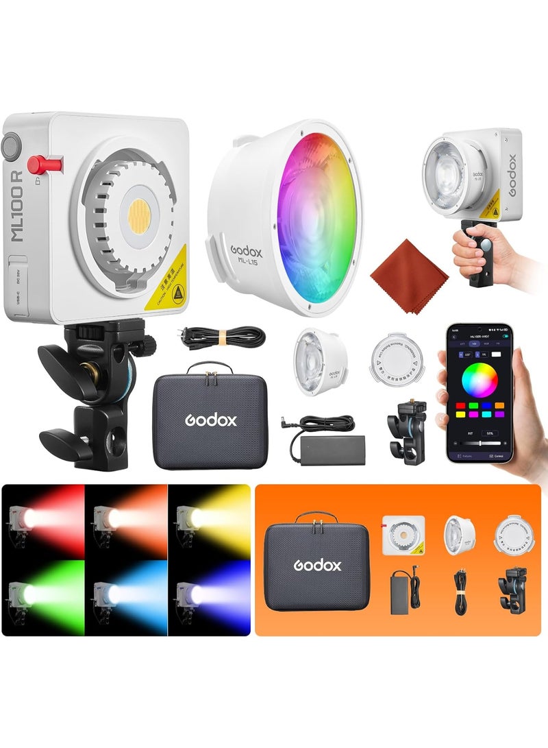 جودوكس مصباح الفيديو Godox ML100R RGB COB LED المحمول (مع حقيبة حمل) - بقوة 110 واط، ألوان كاملة، نطاق درجة حرارة لونية 1800K-10000K، مؤشرات دقة ألوان عالية (CRI 97+ / TLCI 98+)، يدعم 14 تأثيراً ضوئياً (FX) والتحكم عبر التطبيق - مناسب للاستوديوهات والبث المباشر والتصوير الخارجي. - Image 1